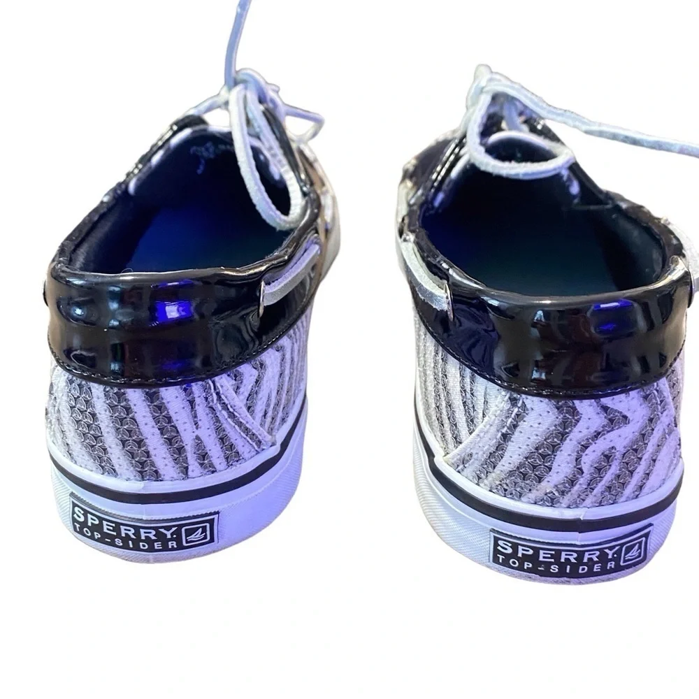 SPERRY Topsiders Black & White Zebra Animal Print Sequin Boat Shoes Size 9M